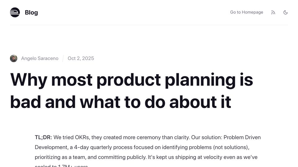 Screenshot of blog.railway.com: Why most product planning is bad and what to do about it