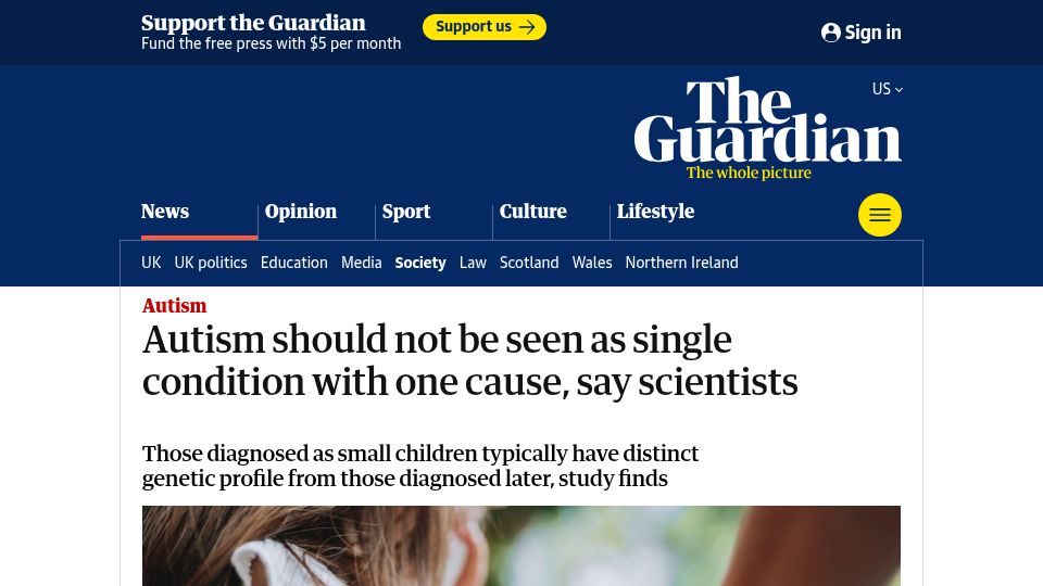 Screenshot of theguardian.com: Autism should not be seen as single condition with one cause, say scientists