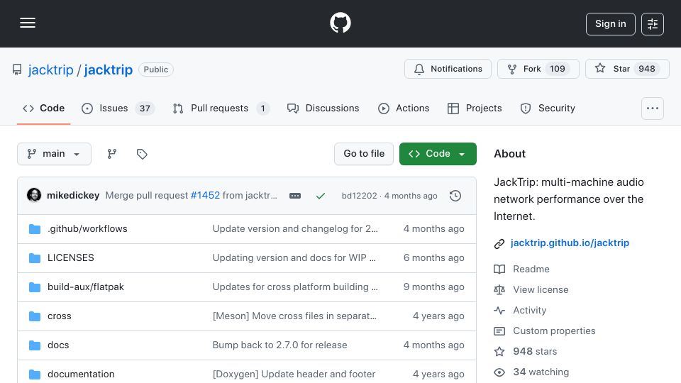 Screenshot of github.com: JackTrip: Multi-machine audio network performance over the Internet