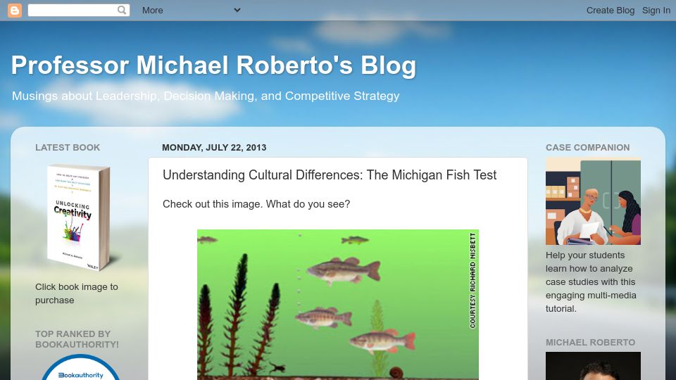 Screenshot of michael-roberto.blogspot.com: Understanding Cultural Differences: The Michigan Fish Test (2013)