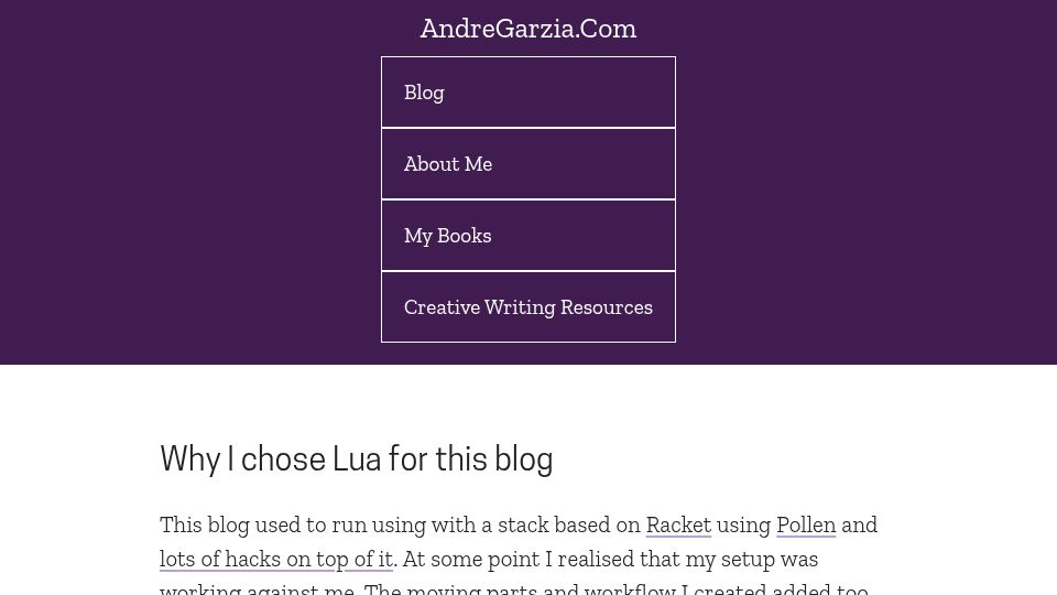 Screenshot of andregarzia.com: Why I chose Lua for this blog