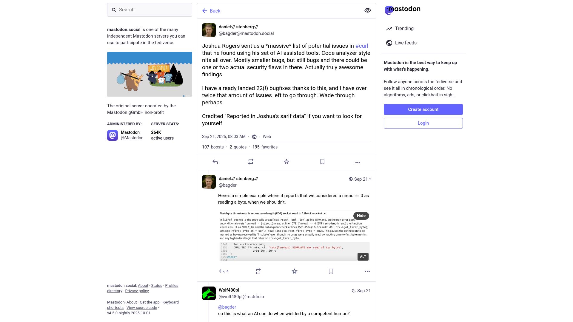 Screenshot of mastodon.social: Potential issues in curl found using AI assisted tools