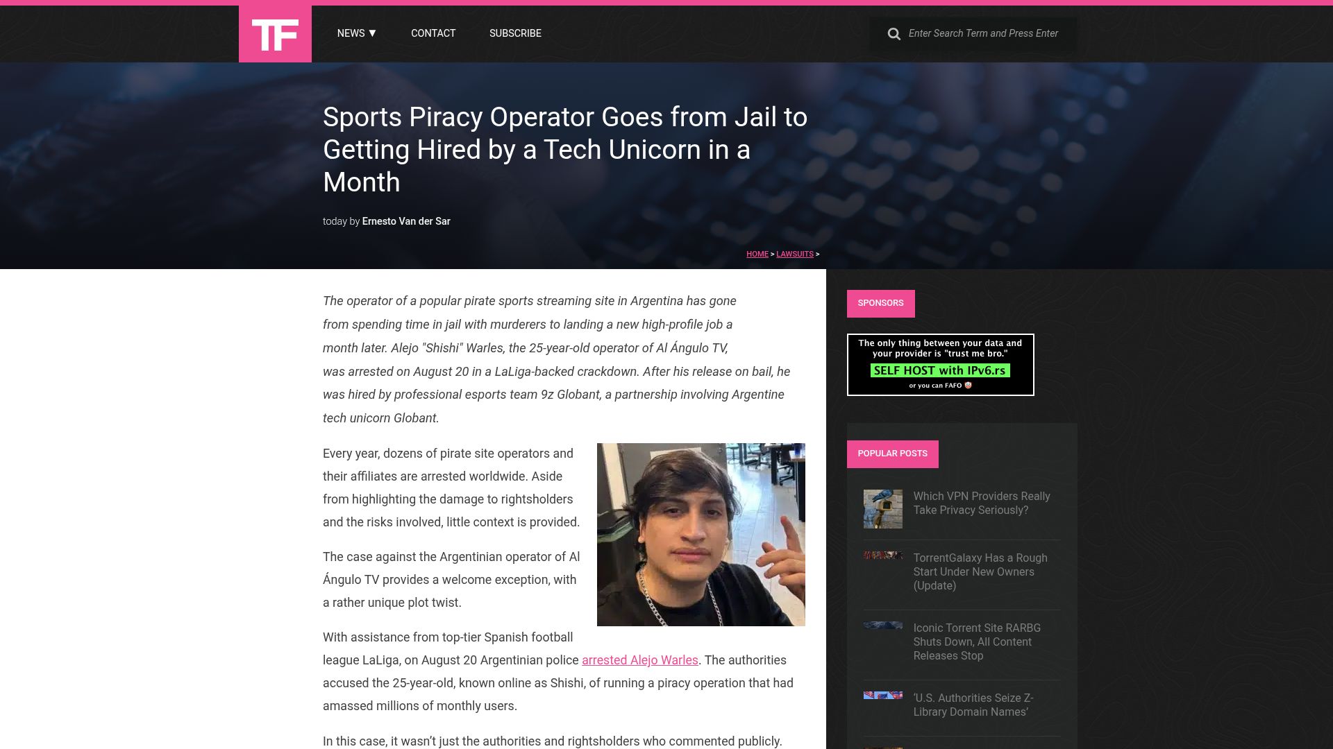 Screenshot of torrentfreak.com: Piracy Operator Goes from Jail to Getting Hired by a Tech Unicorn in a Month