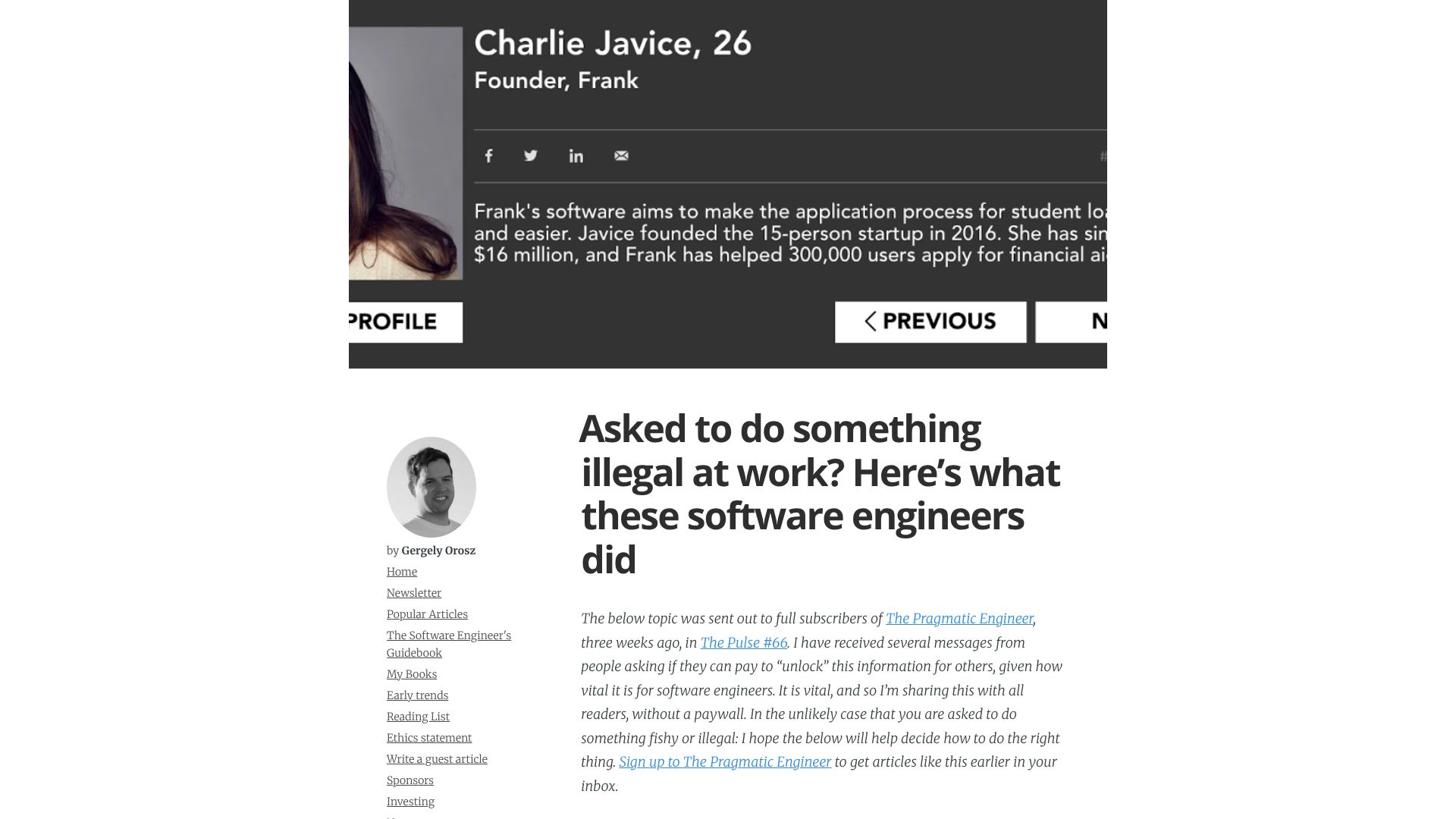 Screenshot of blog.pragmaticengineer.com: Asked to do something illegal at work? Here's what these software engineers did