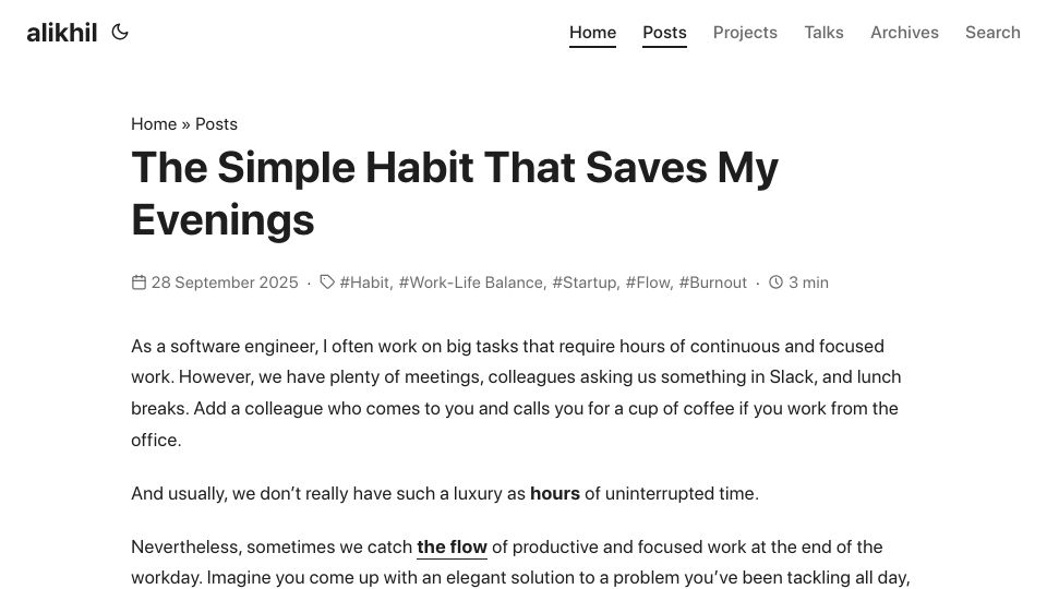 Screenshot of alikhil.dev: A simple habit that saves my evenings