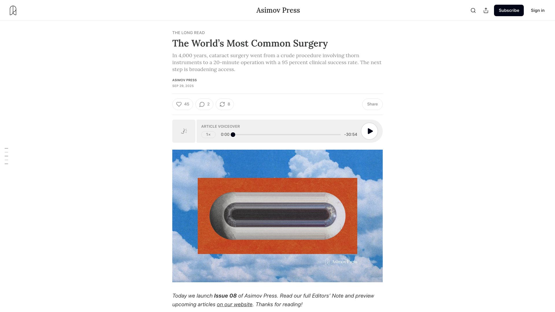 Screenshot of asimov.press: The history of cataract surgery