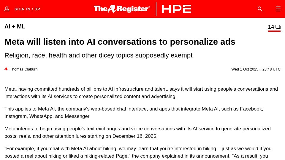 Screenshot of theregister.com: Meta will listen into AI conversations to personalize ads