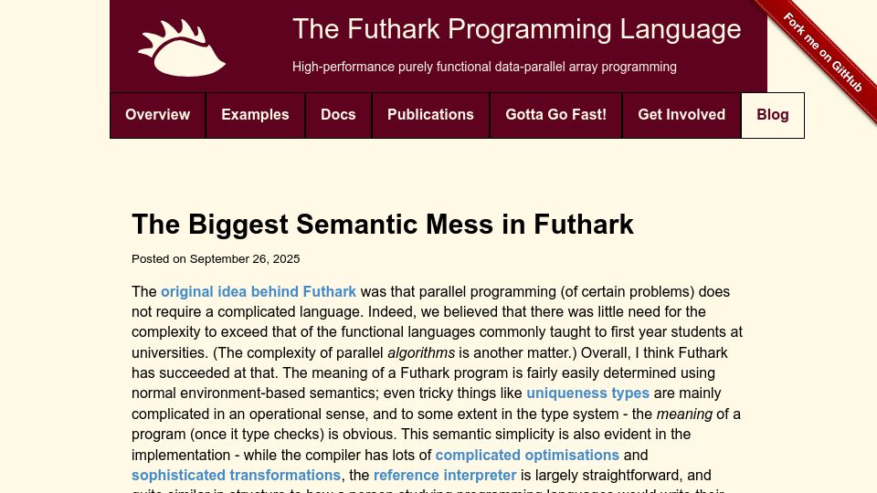 Screenshot of futhark-lang.org: The biggest semantic mess in Futhark