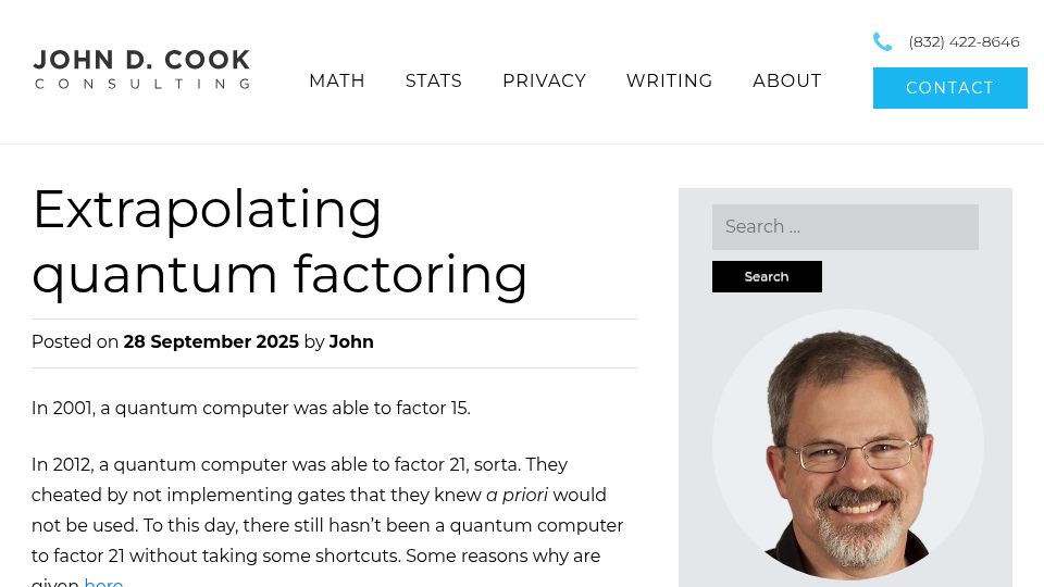 Screenshot of johndcook.com: Extrapolating quantum factoring