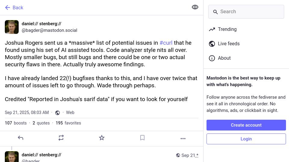 Screenshot of mastodon.social: Potential issues in curl found using AI assisted tools