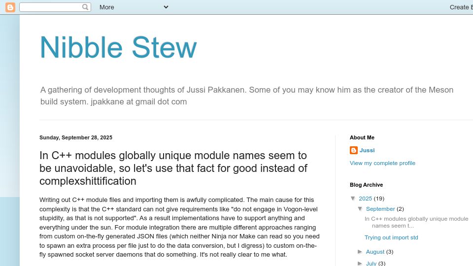 Screenshot of nibblestew.blogspot.com: In C++ modules globally unique module names seem to be unavoidable