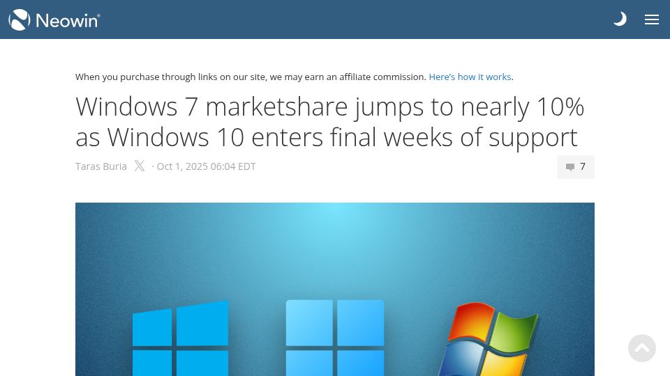 Screenshot of neowin.net: Windows 7 marketshare jumps to nearly 10% as Windows 10 support is about to end