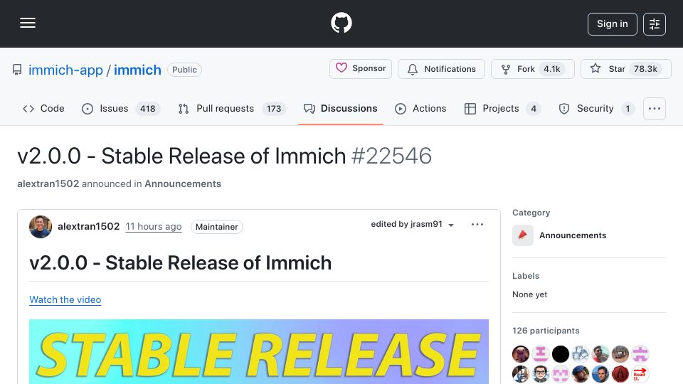 Screenshot of github.com: Immich v2.0.0 – First stable release