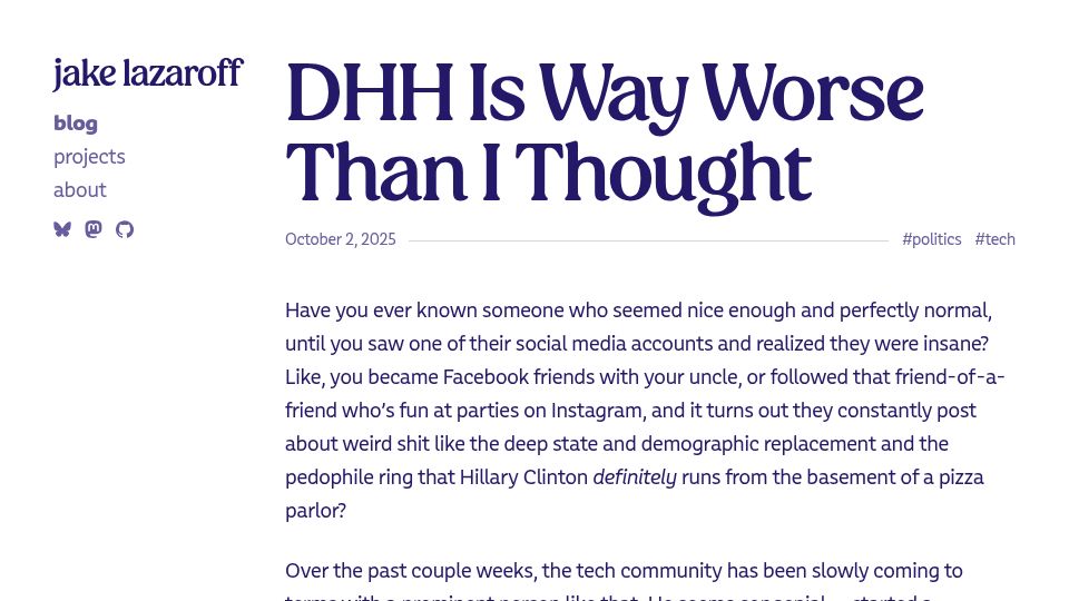 Screenshot of jakelazaroff.com: DHH Is Way Worse Than I Thought