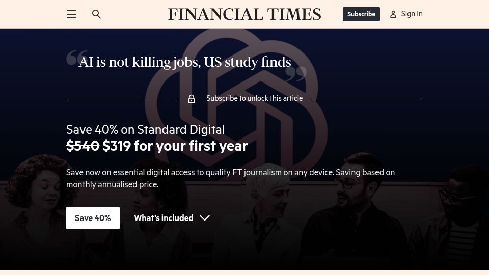 Screenshot of ft.com: AI is not killing jobs, US study finds
