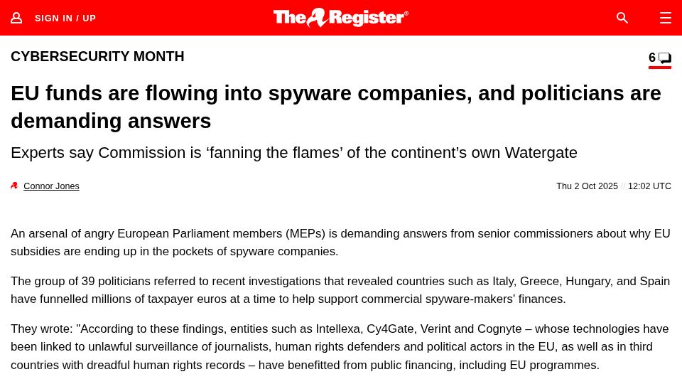 Screenshot of theregister.com: EU funds are flowing into spyware companies and politicians demanding answers