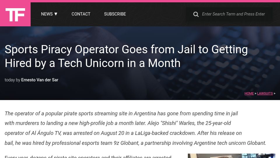 Screenshot of torrentfreak.com: Piracy Operator Goes from Jail to Getting Hired by a Tech Unicorn in a Month