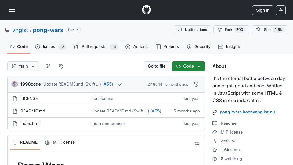 Screenshot of github.com: Pong Wars: A battle between day and night, good and bad