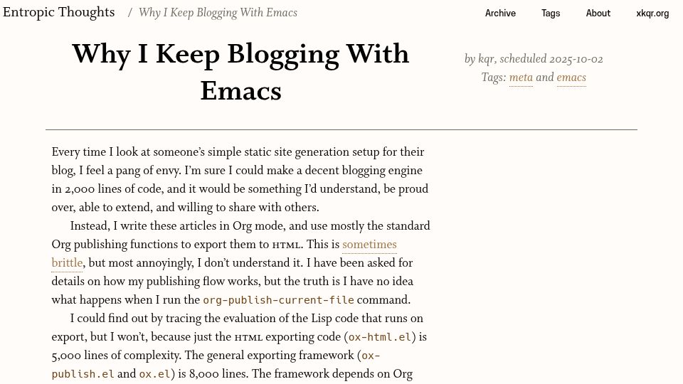 Screenshot of entropicthoughts.com: Babel is why I keep blogging with Emacs