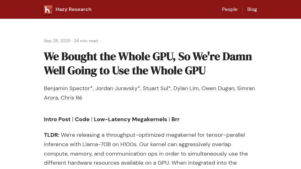 Screenshot of hazyresearch.stanford.edu: We bought the whole GPU, so we're damn well going to use the whole GPU