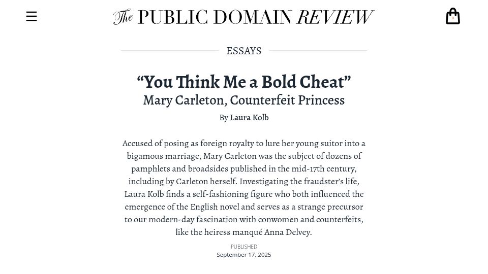Screenshot of publicdomainreview.org: Mary Carleton, Counterfeit Princess
