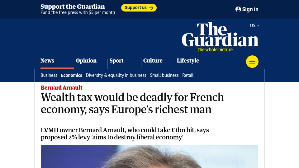 Screenshot of theguardian.com: Wealth tax would be deadly for French economy, says Europe's richest man