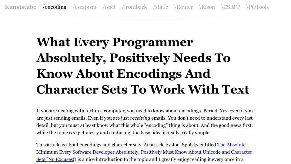 Screenshot of kunststube.net: What to know about encodings and character sets to work with text (2011)