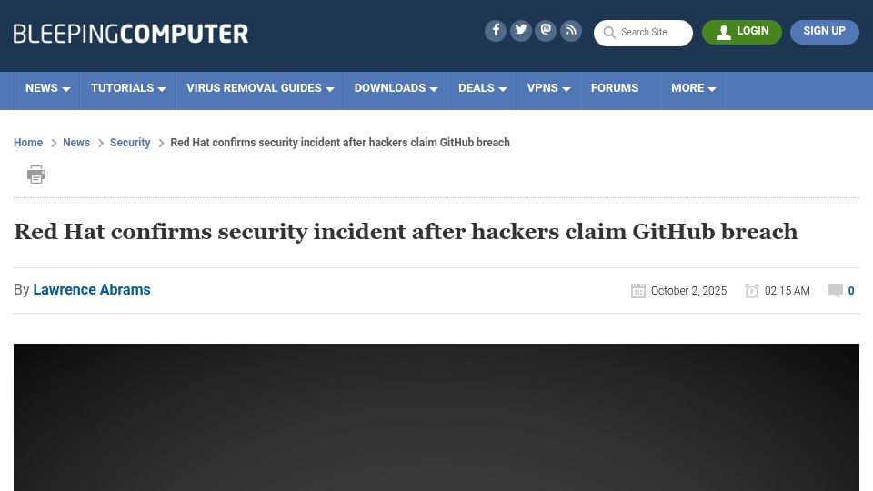 Screenshot of bleepingcomputer.com: Red Hat confirms security incident after hackers breach GitLab instance