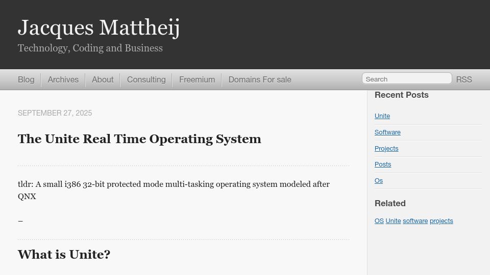 Screenshot of jacquesmattheij.com: Show HN: The Unite real time operating system