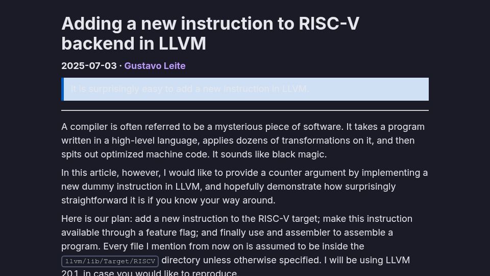 Screenshot of blog.gustavoleite.me: Adding a new instruction to RISC-V back end in LLVM