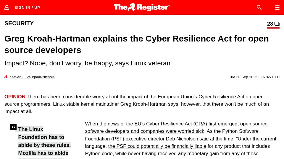 Screenshot of theregister.com: Greg Kroah-Hartman explains the Cyber Resilience Act for open source developers