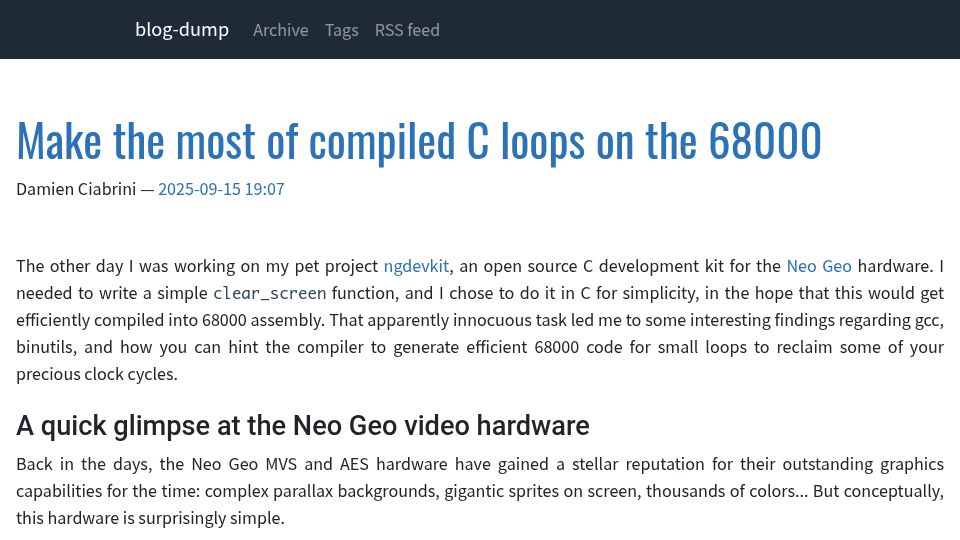 Screenshot of dciabrin.net: Make the most of compiled C loops on the 68000
