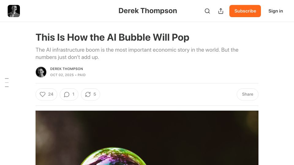 Screenshot of derekthompson.org: How the AI Bubble Will Pop