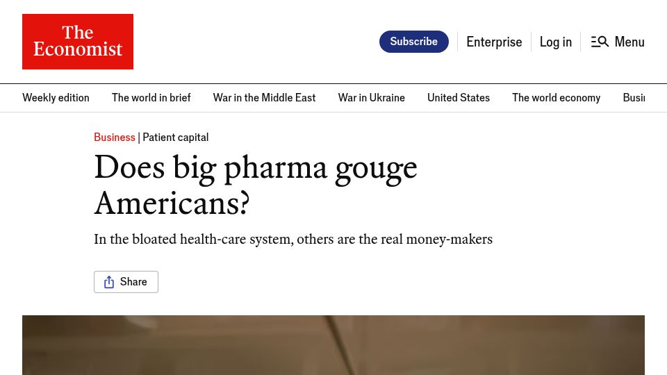 Screenshot of economist.com: Pharma is a small component of US health care spending