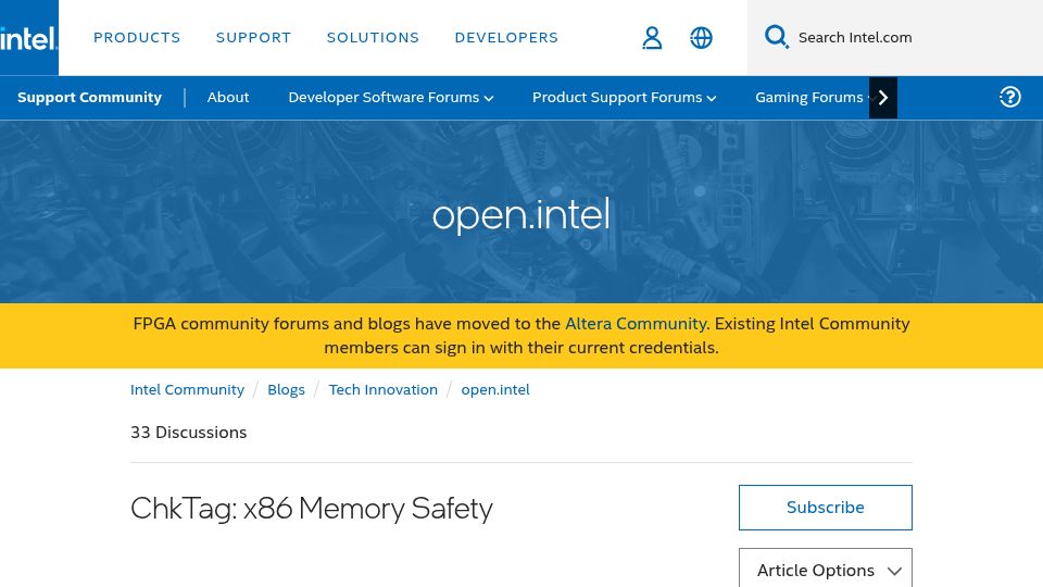 Screenshot of community.intel.com: ChkTag: x86 Memory Safety