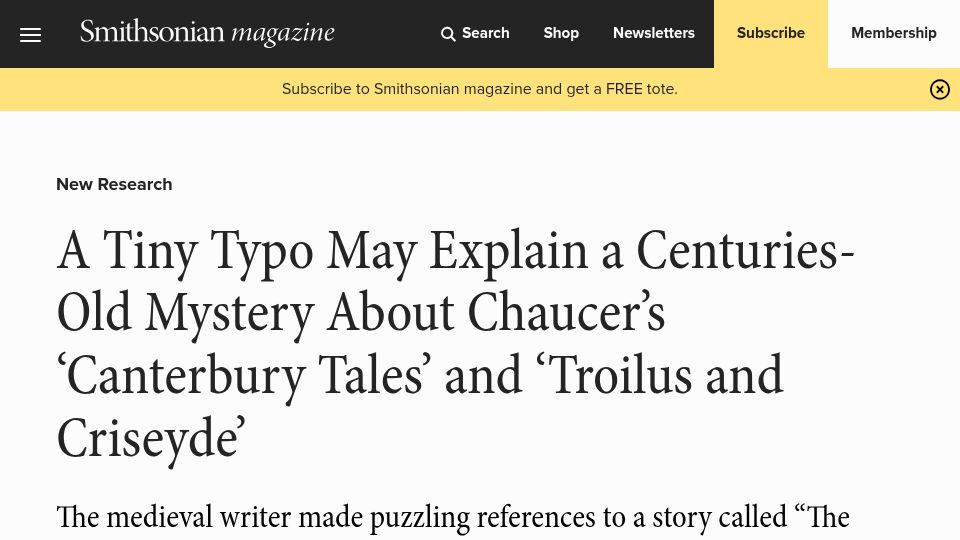 Screenshot of smithsonianmag.com: A Tiny Typo May Explain Centuries-Old Mystery Bout Chaucer's 'Canterbury Tales'