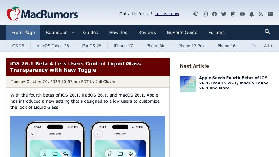 Screenshot of macrumors.com: iOS 26.1 lets users control Liquid Glass transparency