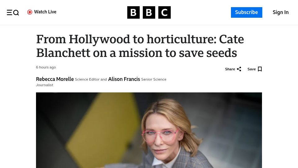 Screenshot of bbc.com: From Hollywood to horticulture: Cate Blanchett on a mission to save seeds