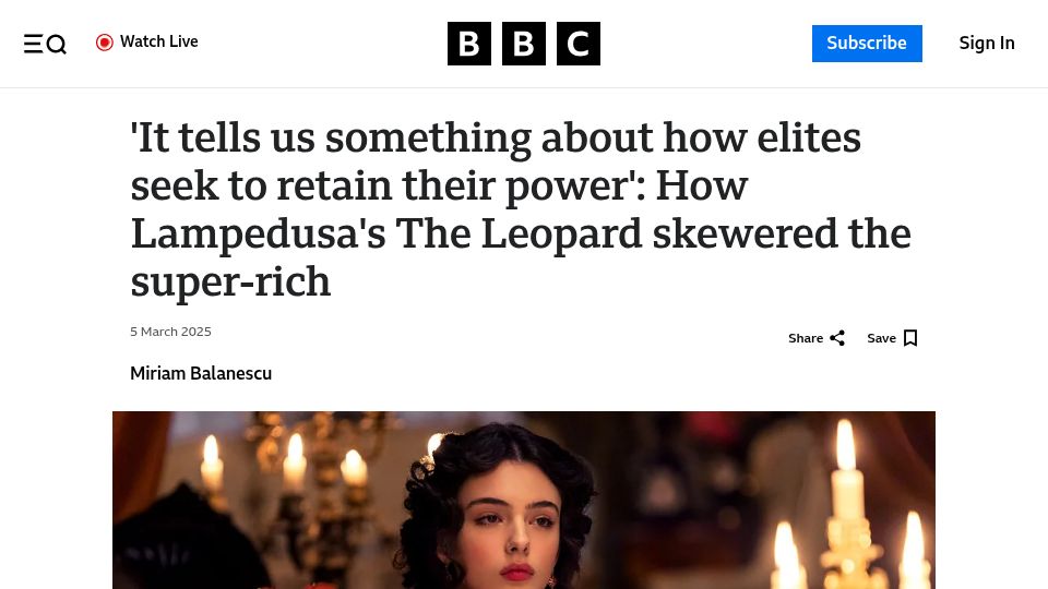 Screenshot of bbc.com: Elites seek to retain their power: Lampedusa's The Leopard skewered super-rich