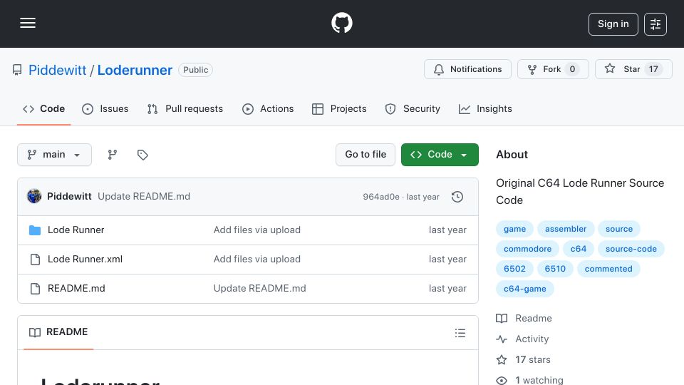 Screenshot of github.com: Original C64 Lode Runner Source Code
