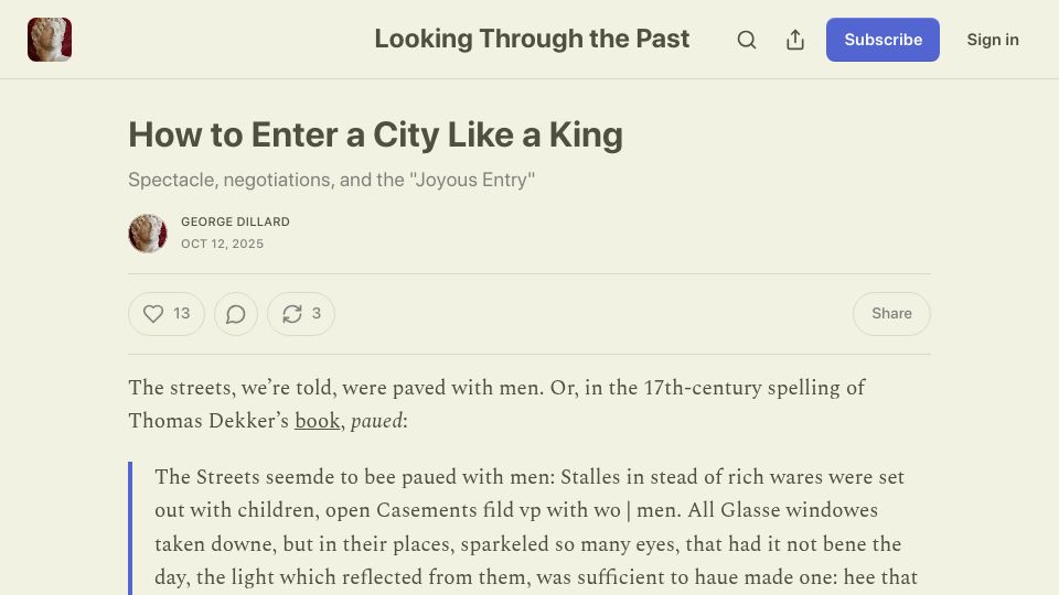 Screenshot of worldhistory.substack.com: How to Enter a City Like a King