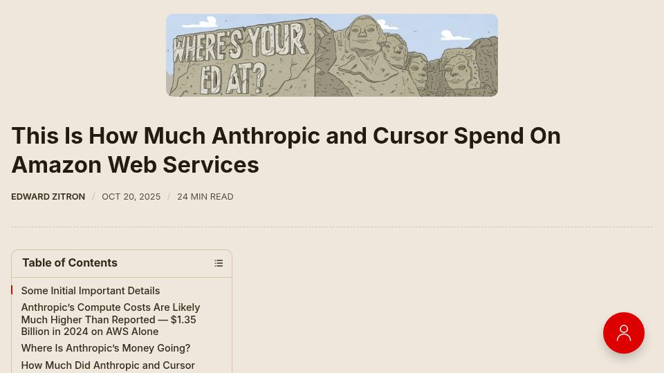 Screenshot of wheresyoured.at: How much Anthropic and Cursor spend on Amazon Web Services