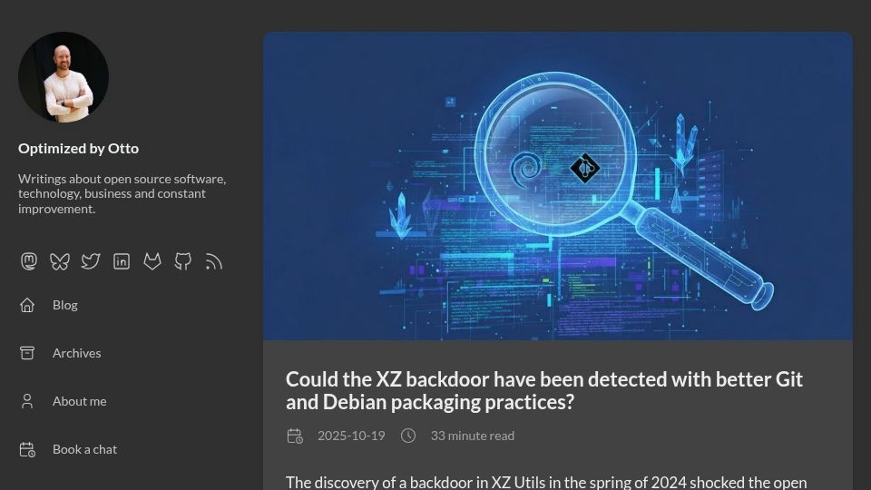 Screenshot of optimizedbyotto.com: Could the XZ backdoor been detected with better Git/Deb packaging practices?