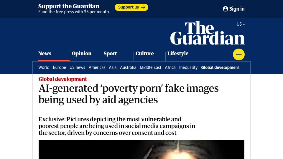 Screenshot of theguardian.com: AI-generated 'poverty porn' fake images being used by aid agencies