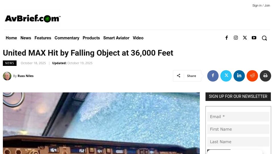 Screenshot of avbrief.com: Airliner hit by possible space debris