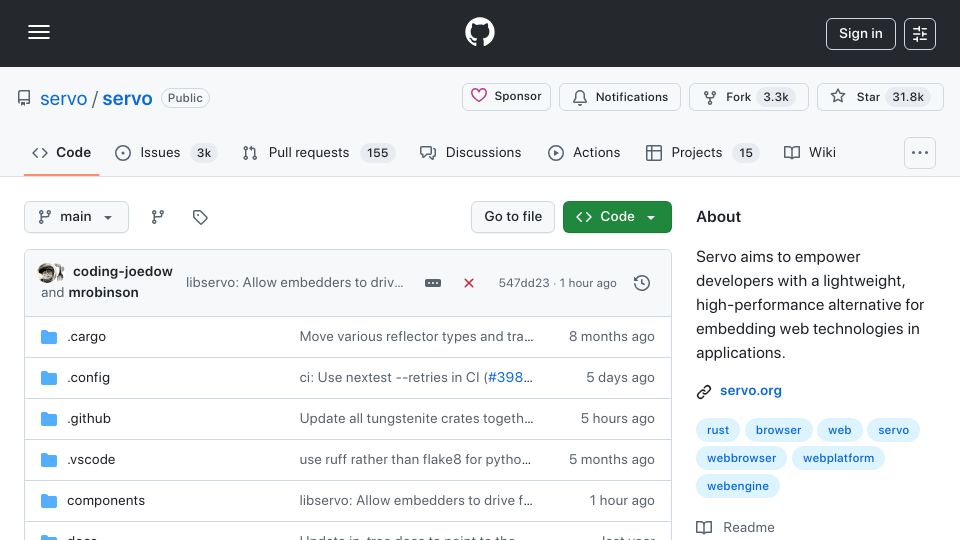 Screenshot of github.com: Servo v0.0.1