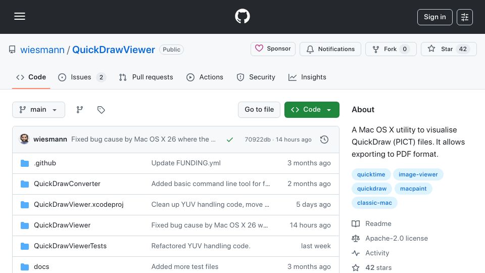 Screenshot of github.com: QuickDrawViewer: A Mac OS X utility to visualise QuickDraw (PICT) files