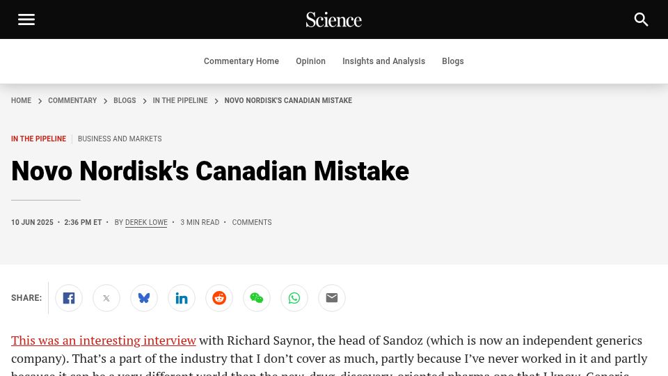 Screenshot of science.org: Novo Nordisk's Canadian Mistake