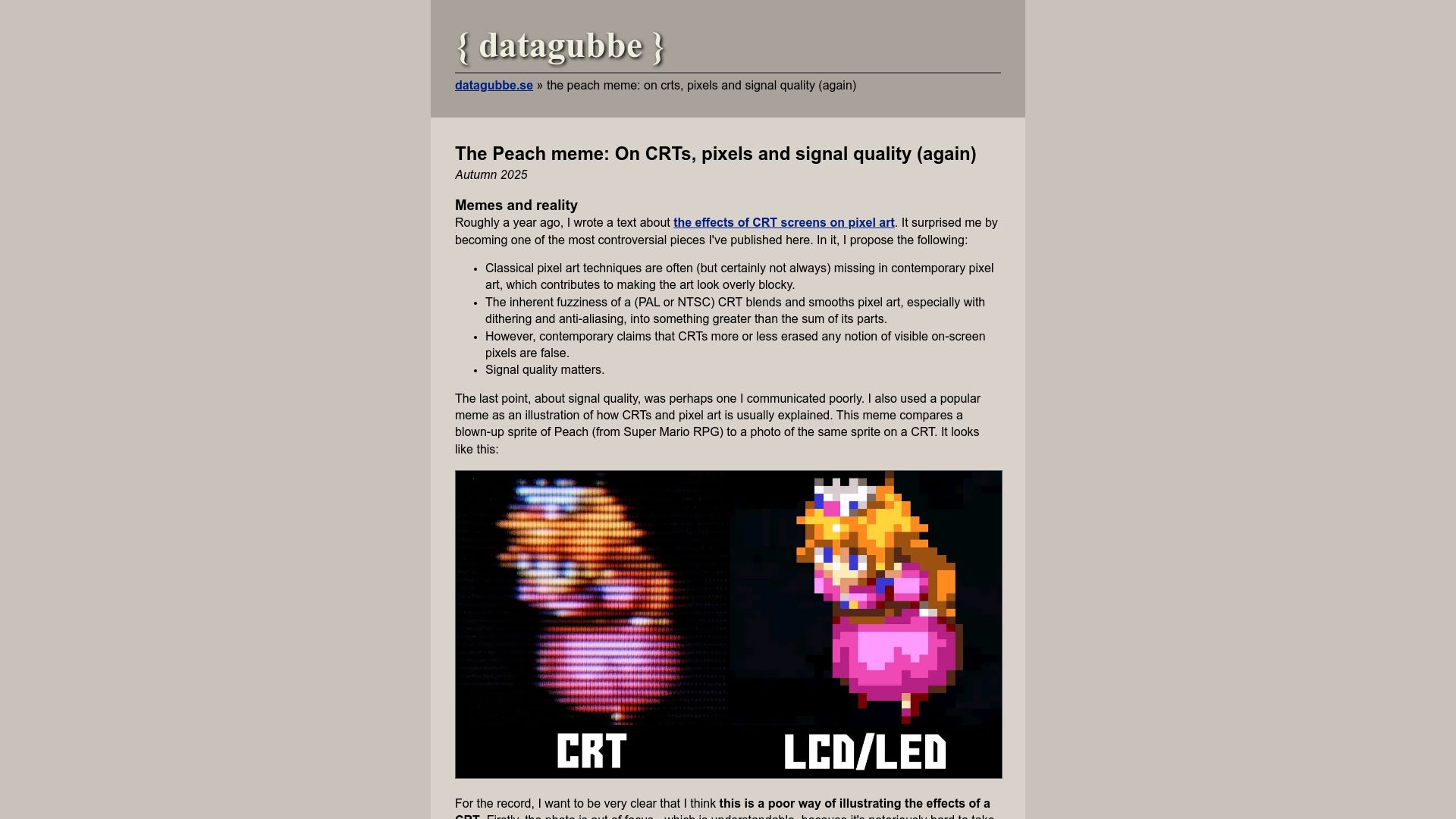 Screenshot of datagubbe.se: The Peach meme: On CRTs, pixels and signal quality (again)