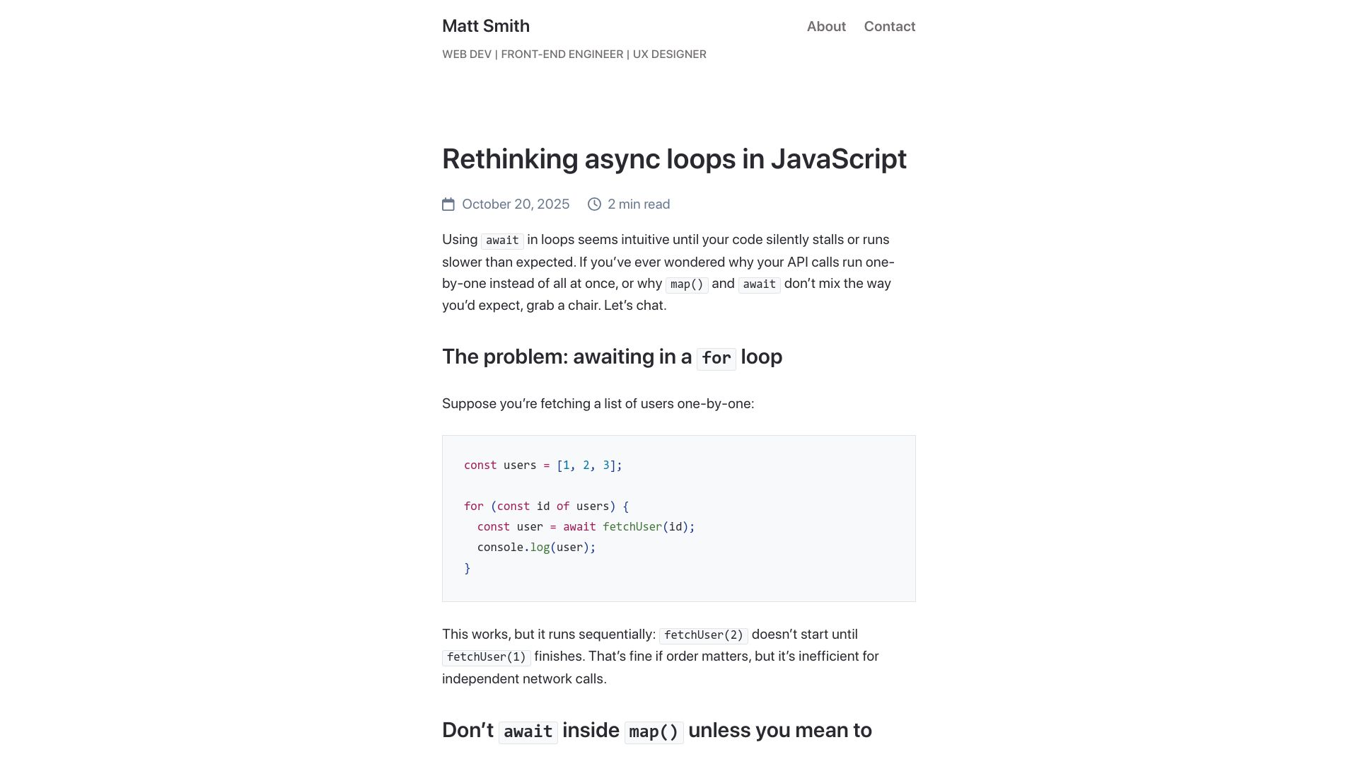 Screenshot of allthingssmitty.com: Rethinking Async Loops in JavaScript